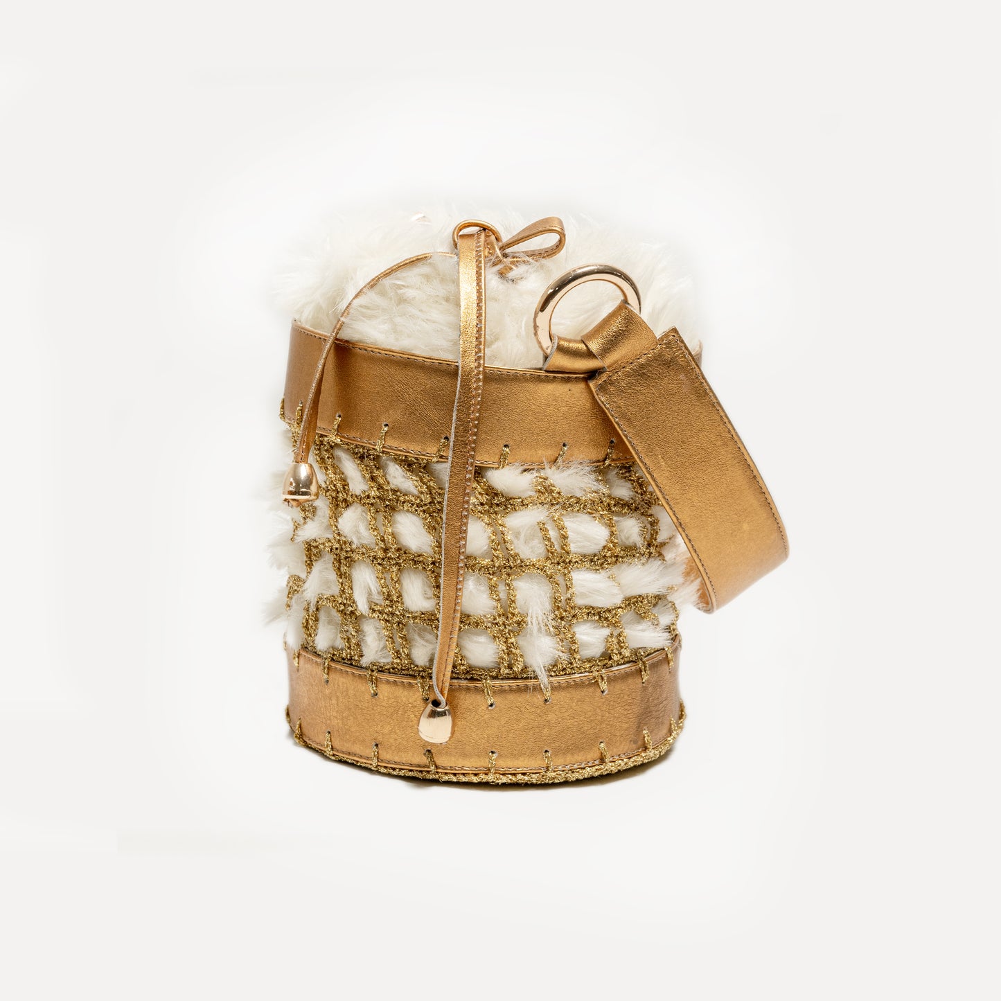 Covelinhas - bag in leather and crochet in bronze and white faux fur
