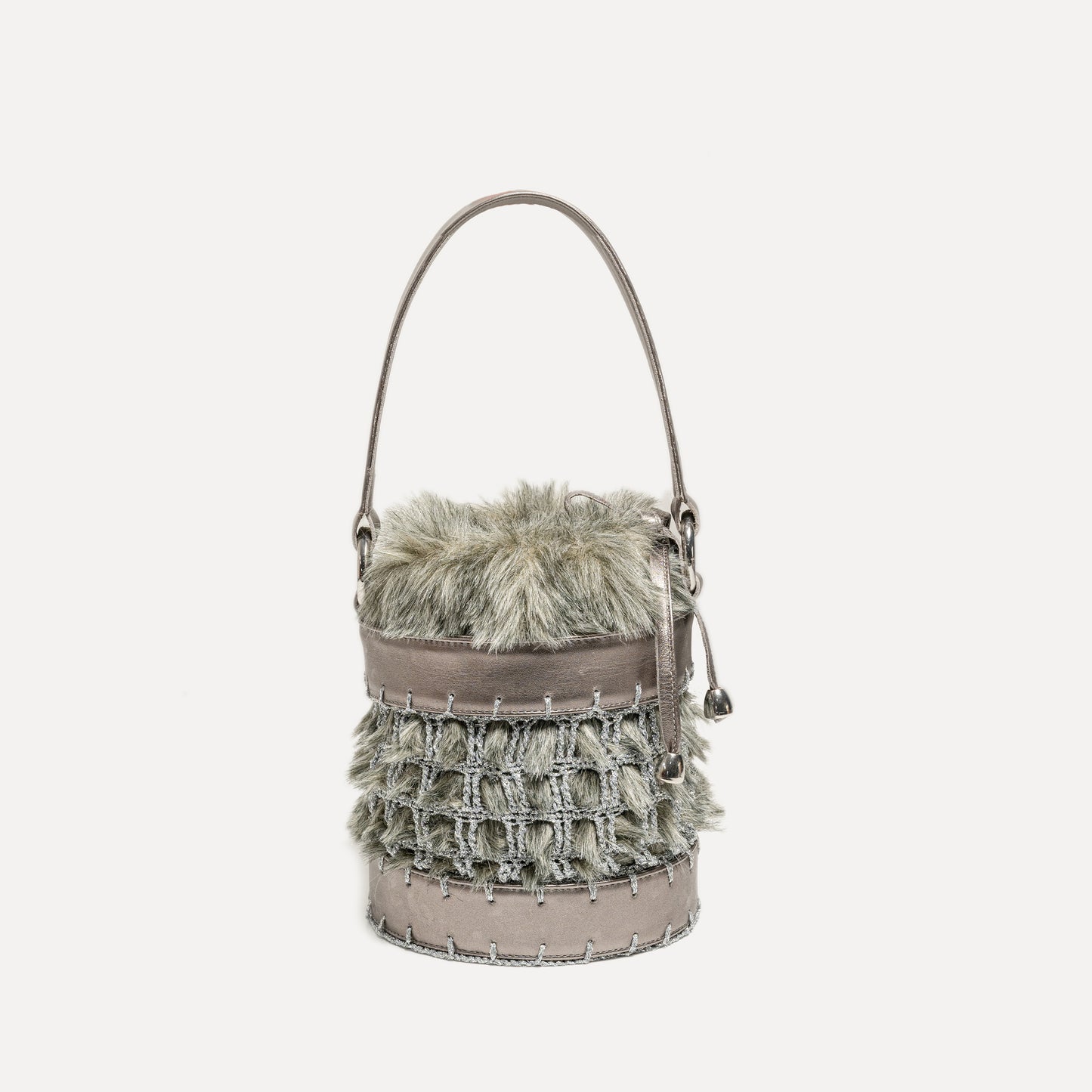 Covelinhas - bag in leather and crochet in bronze and gray faux fur