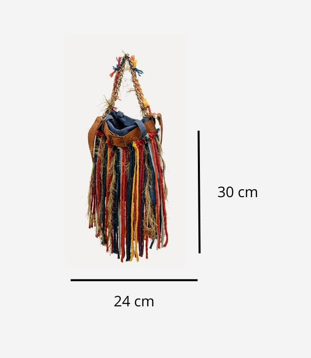 Penude - Denim bag with wool fringes