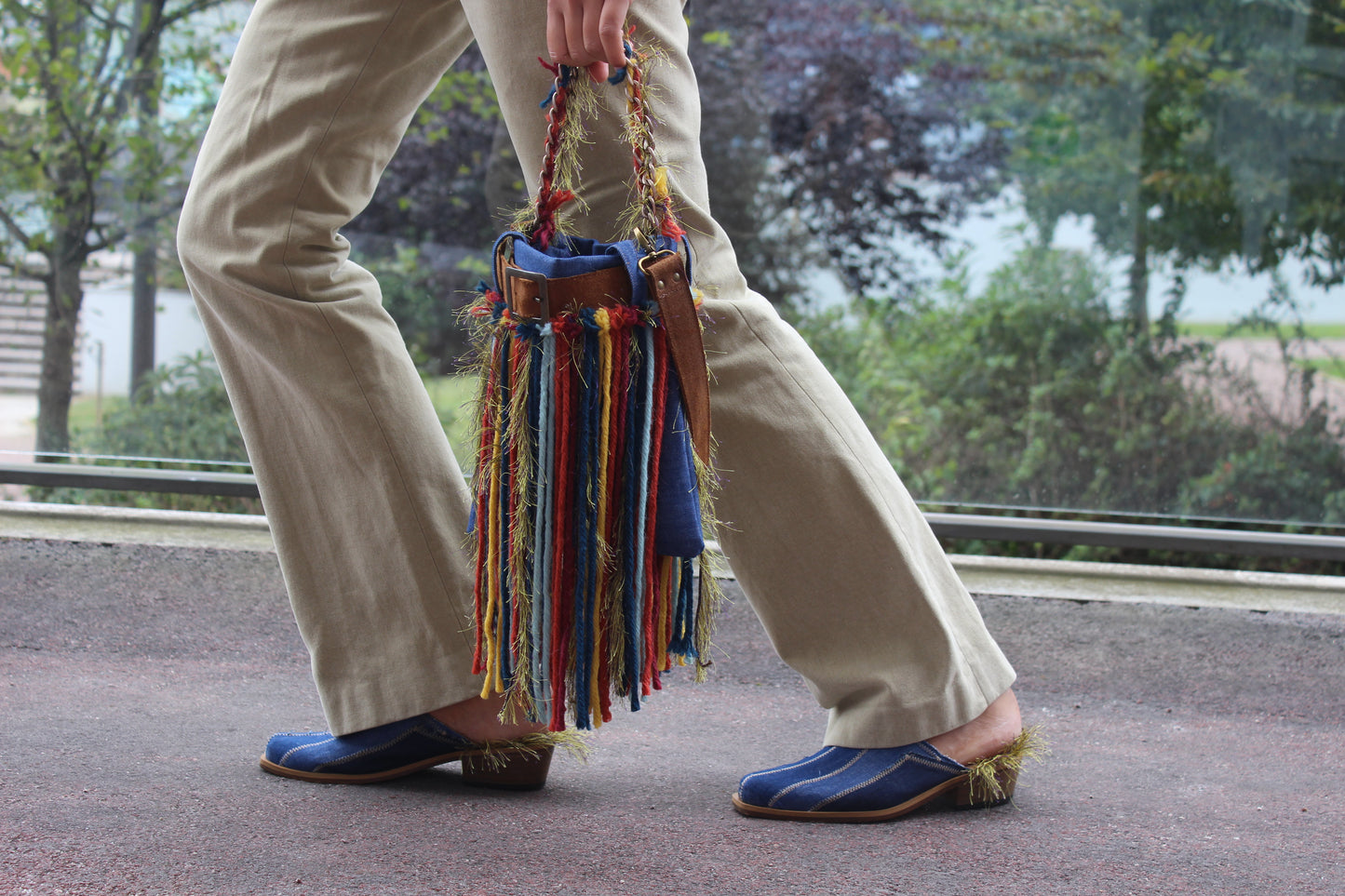 Penude - Denim bag with wool fringes