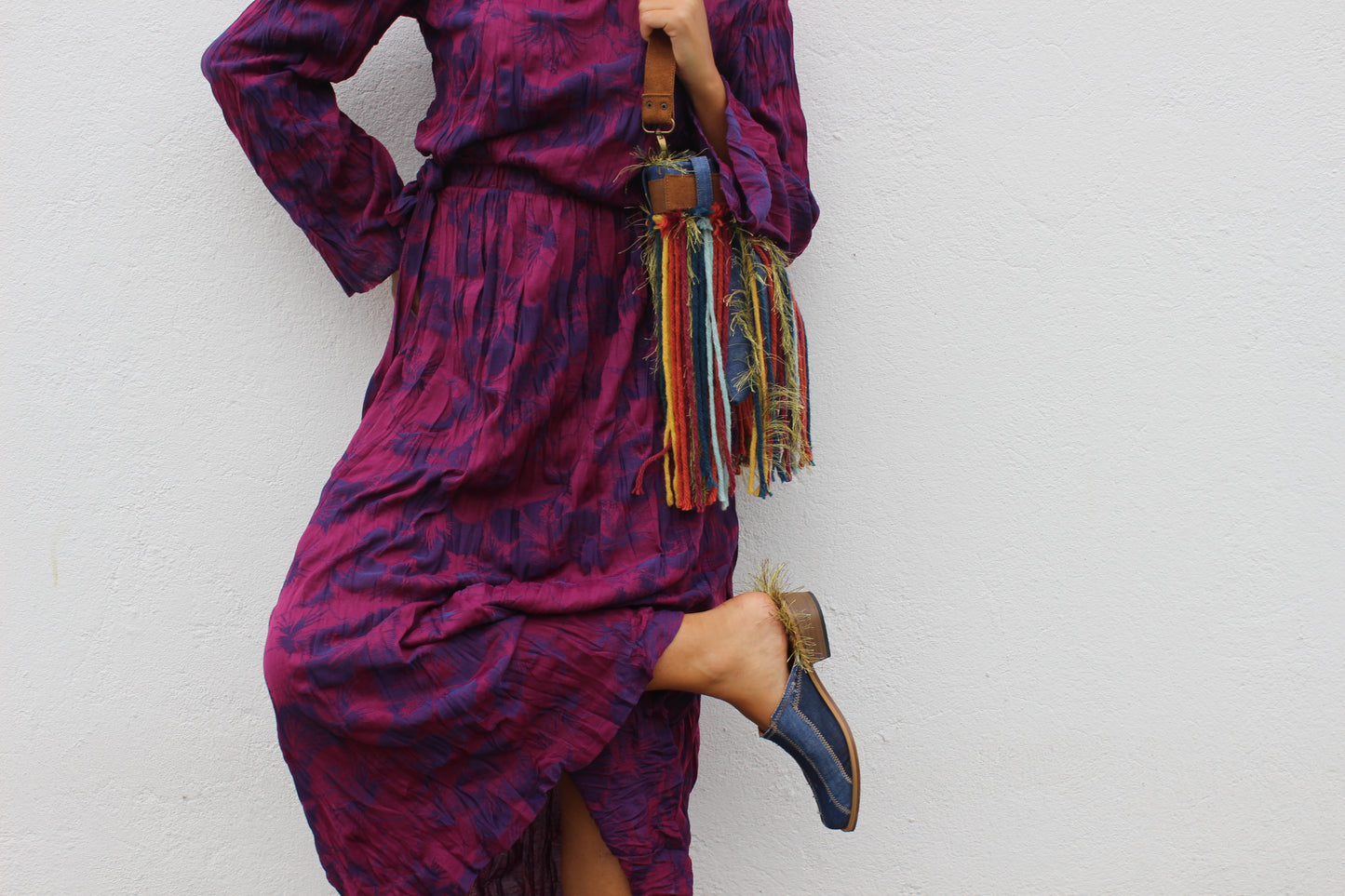 Penude - Denim bag with wool fringes