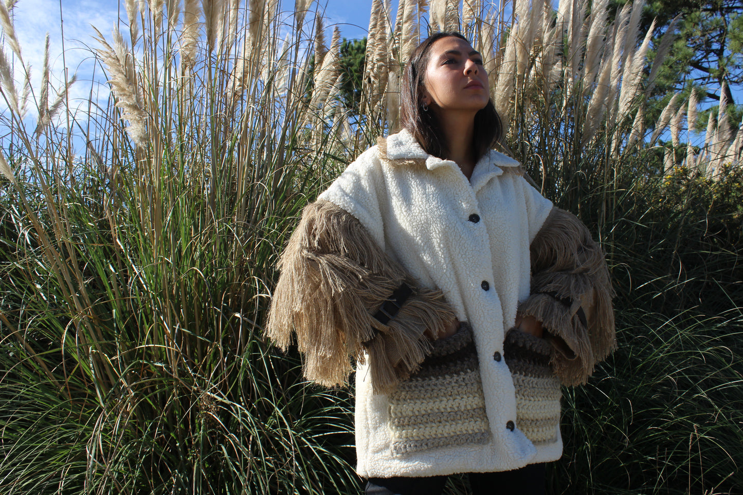 Varge - faux-fur jacket with jute and leather details