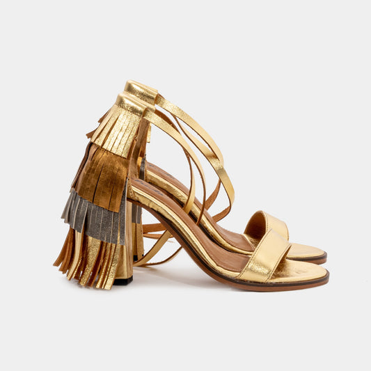 Lazarim - high heel sandals with fringes in gold and bronze