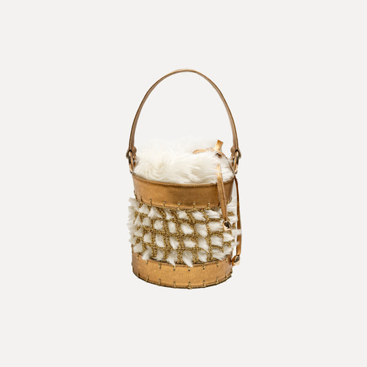 Covelinhas - bag in leather and crochet in bronze and white faux fur