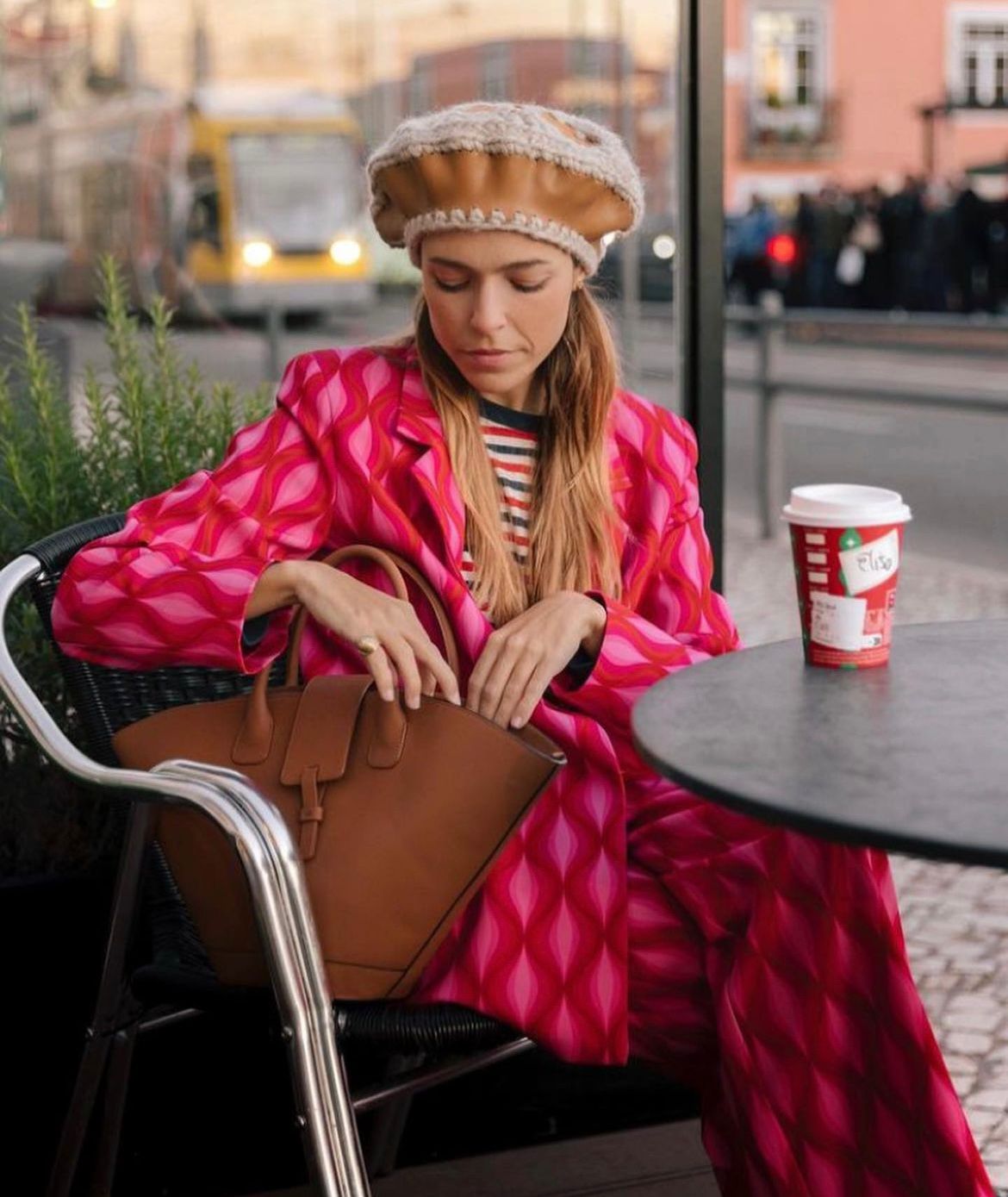 Paçó- leather patchwork beret with wool