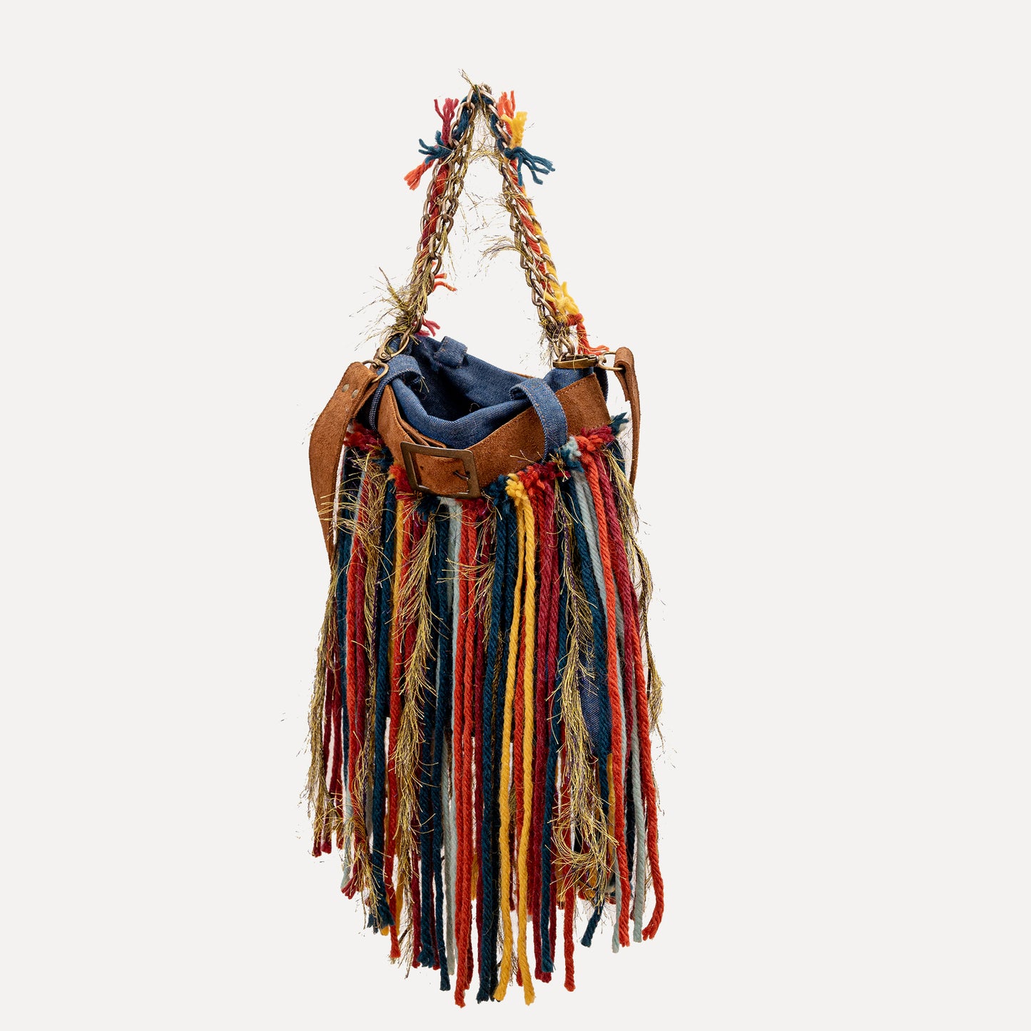 Penude - Denim bag with wool fringes