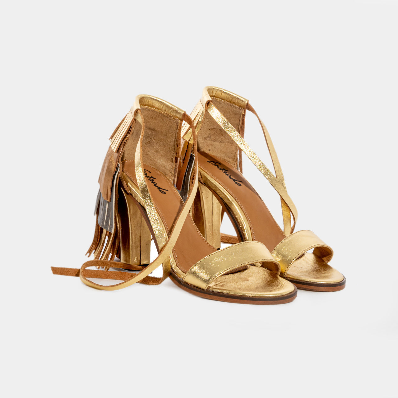 Lazarim - high heel sandals with fringes in gold and bronze