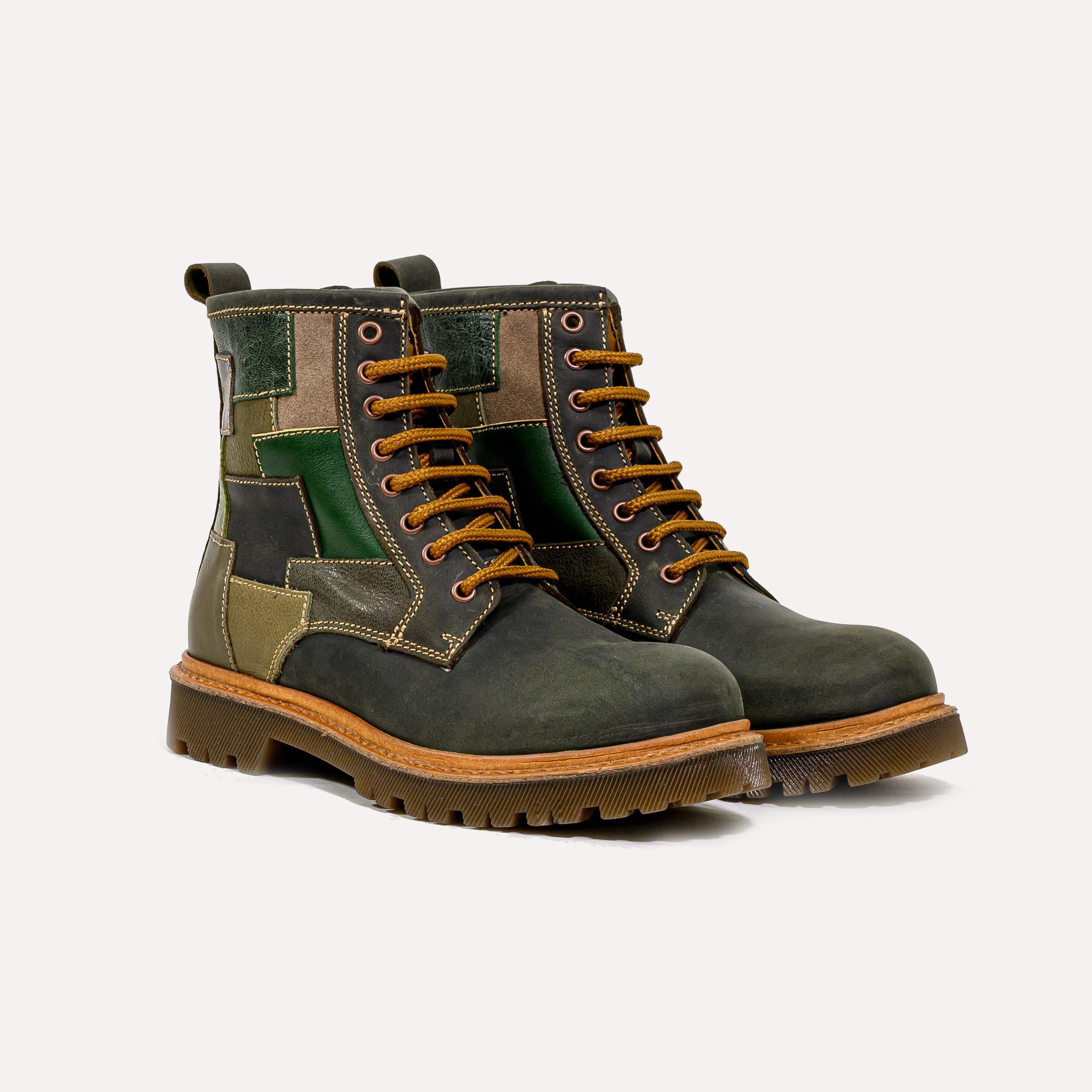 Green patch work store boots